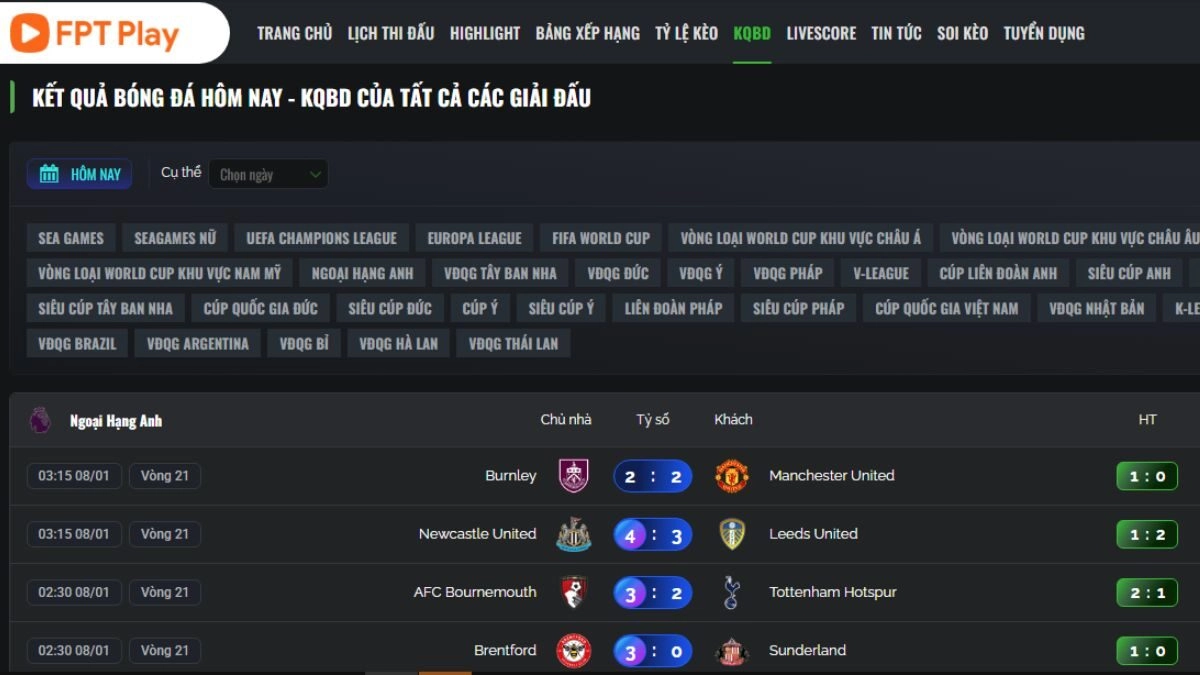 Trực Tiếp Bóng Đá FPT Play cập nhật kết quả bóng đá nhanh